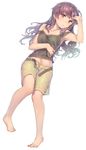  :o armpits barefoot belt dsmile eyepatch eyepatch_lift feet full_body long_hair lying midriff mirai_nikki navel on_back open_fly purple_eyes purple_hair shorts simple_background solo strap_slip tank_top unbuckled_belt unbuttoned unzipped uryuu_minene white_background 