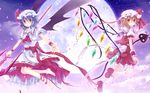  ankle_ribbon bad_id bad_pixiv_id barefoot bat_wings blonde_hair blue_hair cloud feet flandre_scarlet full_moon hat heart laevatein marotti moon multiple_girls petals red_eyes remilia_scarlet ribbon short_hair siblings side_ponytail sisters spear_the_gungnir touhou wings wrist_cuffs 