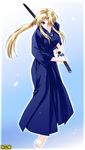  barefoot blonde_hair blue_eyes blue_hakama character_request feet fighting_stance hair_over_one_eye hakama japanese_clothes jewelry katana kkr necklace non-web_source omc ponytail ready_to_draw sidelocks solo sword weapon 