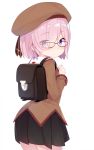  1girl bag beret black_skirt brown_hat cosplay eyebrows_visible_through_hair eyes_visible_through_hair fate/grand_order fate/kaleid_liner_prisma_illya fate_(series) from_behind glasses hair_over_one_eye hat homurahara_academy_uniform illyasviel_von_einzbern illyasviel_von_einzbern_(cosplay) lavender_hair looking_at_viewer mash_kyrielight pleated_skirt purple_eyes school_bag school_uniform short_hair simple_background skirt solo watanon_(gakushokutei) white_background 