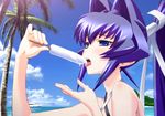  beach blue_eyes food highres ice_cream long_hair mitsurugi_meiya muvluv open_mouth ponytail purple_hair 