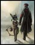  boots couple ears eyewear female gas_mask german glasses hooves horn human longcat male mammal nazi romantically_apocalyptic scarf size_difference snow tail unknown_artist what wings winter zee_captain 