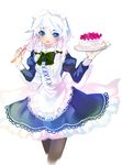  blue_eyes blush braid cake cake_slicer food izayoi_sakuya maid maid_headdress pantyhose silver_hair solo touhou twin_braids yutsuka_(amyucca) 