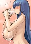  blue_hair blush breasts closed_eyes drinking from_side fuutou_shizune hime_cut huge_breasts long_hair milk nipples nude oshioki_sweetie pink_background sagging_breasts solo spilling suggestive_fluid tsuda_nanafushi upper_body 