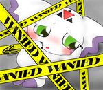  big_ears blush calumon caution_tape clyndemoon digimon embarrassed green_eyes looking_away police_tape solo white_body worried 