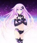  bare_shoulders blue_eyes blush breasts bustier choujigen_game_neptune_mk2 cleavage cleavage_cutout elbow_gloves emblem gloves hair_ornament hands_clasped highres interlocked_fingers long_hair looking_at_viewer medium_breasts midriff navel nepgear neptune_(series) official_art own_hands_together parted_lips power_symbol purple_hair purple_sister shiny solo symbol-shaped_pupils thighhighs tsunako 