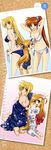  absurdres armpits back barefoot bikini blonde_hair breasts calendar_(medium) cleavage fate_testarossa feet front-tie_top fujima_takuya highres japanese_clothes kimono long_hair lyrical_nanoha mahou_shoujo_lyrical_nanoha_vivid medium_breasts multiple_girls off_shoulder official_art ponytail red_hair scan side-tie_bikini side_ponytail sitting swimsuit takamachi_nanoha vivio wariza 