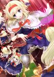  aldehyde alice_margatroid armor bad_id bad_pixiv_id black_legwear blonde_hair blue_eyes book breasts capelet cross doll dress dutch_angle earrings grimoire grimoire_of_alice hair_ribbon hairband hexagon highres jewelry long_hair magic_circle medium_breasts open_book open_mouth pantyhose puppet_rings puppet_strings ribbon ring sash shanghai_doll shield shoes short_hair smile solo string touhou wrist_cuffs 
