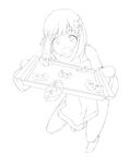  amami_haruka apron baking banned_artist bow cookie dojikko food greyscale hair_bow highres idolmaster idolmaster_(classic) lineart monochrome nigiriushi nonowa oven_mitts solo yayoi_creature 