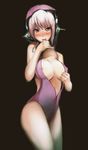  blush breasts carlos_toshiki headphones highres hood hoodie large_breasts nipples nitroplus pink_eyes pink_hair solo super_sonico wet 