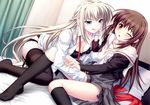  1boy 1girl 2girls bed blonde_hair brown_hair crossdressing feet female footwear game_cg hanagusuku_atori legwear long_hair no_shoes rui_wa_tomo_wo_yobu school_uniform socks stockings thighhighs trap wakutsu_tomo yuri 