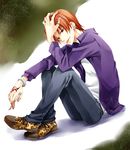  :p animal_print bad_id bad_pixiv_id black_eyes bracelet command_spell denim earrings fate/zero fate_(series) jacket jeans jewelry kubyou_azami leopard_print male_focus orange_hair pants purple_jacket scalpel shoes solo tongue tongue_out uryuu_ryuunosuke 