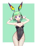  1girl animal_ears aqua_background black_leotard black_neckwear bow bowtie breasts bunny_ear_headphones bunny_ears bunny_girl bunnysuit chestnut_mouth covered_navel cowboy_shot detached_collar fishnet_pantyhose fishnets green_hair hands_on_headphones headphones highres leotard looking_at_viewer original overlord_(overlord80000) pantyhose purple_eyes short_hair simple_background small_breasts solo standing strapless strapless_leotard wrist_cuffs 