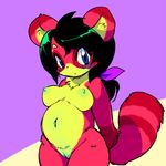  big_breasts black_hair blue_eyes breasts chest_tuft chubby cotora countershading feli_cith female fur green_nipples hair markings multicolored nipples nude red_fur ribbons ringed_tail round_belly socks_(marking) tanuki tuft yellow_countershading yellow_fur 