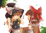  apron blonde_hair blush bow box braid brown_hair buttons cardboard_box closed_eyes detached_sleeves hair_bow hair_tubes hakurei_reimu hat hat_bow hat_tug kirisame_marisa laughing long_hair multiple_girls ribbon senhaku side_braid single_braid tears touhou white_bow witch_hat 