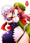  blue_eyes blush bow braid grey_hair hair_bow hat hong_meiling hug izayoi_sakuya long_hair maid maid_headdress multiple_girls muu_rian red_eyes red_hair red_scarf scarf short_hair touhou twin_braids wavy_mouth 