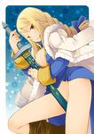  agrias_oaks areola_slip areolae b.tarou blonde_hair bottomless braid breasts brown_eyes cleavage final_fantasy final_fantasy_tactics jacket large_breasts legs long_hair long_legs no_panties sheath single_braid solo sword thighs weapon 