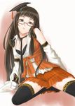  akito_(akitotika) bare_shoulders black_legwear bra brown_eyes brown_hair detached_sleeves glasses hat highres kneeling lingerie long_hair necktie pleated_skirt sangokushi_taisen skirt solo thighhighs underwear very_long_hair xin_xianying zettai_ryouiki 