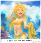  bad_id bad_pixiv_id bandeau bikini blonde_hair breasts cleavage closed_eyes english final_fantasy final_fantasy_x final_fantasy_x-2 front-tie_top john_crayton kingdom_hearts lips long_hair medium_breasts navel_cutout open_mouth partially_submerged photo_(object) postage_stamp rikku sarong sarong_removed side-tie_bikini solo swimsuit text_focus water waves yellow_bikini yellow_sarong 