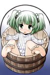  :o akou_roushi alternate_costume barefoot blush bottomless bucket child feet green_eyes green_hair hair_bobbles hair_ornament in_bucket in_container kisume looking_up naked_sweater no_nose no_pants open_mouth ribbed_sweater short_hair soles solo sweater touhou twintails 