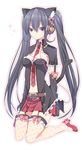  animal_ears bangs bell belt black_hair bow cat_ear_headphones cat_ears detached_sleeves eyebrows_visible_through_hair fishnets garter_straps hattori_masaki headphones high_heels highres long_hair looking_at_viewer necktie original shoes simple_background skirt solo thighhighs 