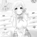  bench blush breasts checkered checkered_skirt drill_hair eyelashes greyscale hand_in_hair kyubey large_breasts magister_(medical_whiskey) mahou_shoujo_madoka_magica monochrome obentou outstretched_hand pantyhose school_uniform sitting skirt tomoe_mami twin_drills twintails 