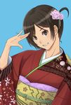  akito_(akitotika) amagami black_hair brown_eyes flower grin hair_flower hair_ornament japanese_clothes kimono short_hair smile solo tachibana_miya 