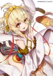  1girl :d andira_(granblue_fantasy) animal_ears artist_name bangs blonde_hair blush breasts brown_eyes cleavage cleavage_cutout collarbone commentary_request detached_sleeves dress earrings erune eyebrows_visible_through_hair fur-trimmed_sleeves fur_trim granblue_fantasy hagoromo hair_between_eyes hong_(white_spider) jewelry long_hair long_sleeves looking_at_viewer monkey_ears monkey_girl monkey_tail open_mouth shawl sitting sleeveless sleeveless_dress sleeves_past_wrists small_breasts smile solo tail white_background white_dress white_sleeves 