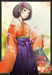  black_hair border floral_print flower furisode hair_flower hair_ornament hakama highres japanese_clothes kimono light_smile looking_at_viewer new_year original petals purple_hakama shigureteki sleeves_past_wrists solo wide_sleeves 