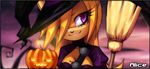  bomb broom feline female hair hat magic_user mammal orange_hair phantom_spirit_battle_academy pumpkin pumpkin_bomb purple_eyes witch wulven_game_studios 