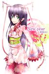  bad_id bad_pixiv_id green_eyes hair_ornament japanese_clothes kaden_(kuzek) kimono long_hair new_year original purple_hair solo 