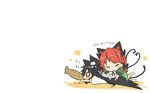  :3 animal_ears black_hair blush catgirl chibi food kaenbyou_rin red_hair reiuji_utsuho tail taiyaki touhou viva!! white wings 