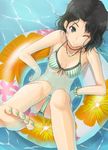  akito_(akitotika) amagami bare_shoulders barefoot bikini black_hair blue_eyes from_above front-tie_top innertube jewelry nail_polish necklace one_eye_closed solo striped swimsuit tanamachi_kaoru toenail_polish vertical-striped_bikini vertical_stripes water 