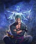  asura_(buddhism) boyaking buddha crossed_arms green_hair indian_style katana male_focus multiple_arms one_piece roronoa_zoro scar sitting sword weapon 