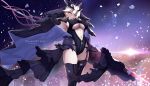  1girl armor armpits artoria_pendragon_(all) artoria_pendragon_(lancer_alter) black_leotard blush breasts commentary_request cosplay elbow_gloves fate/grand_order fate_(series) garter_straps gauntlets gloves hair_ornament hand_up highres holding holding_spear holding_weapon large_breasts leotard looking_at_viewer navel nero_claudius_(bride)_(fate) nero_claudius_(bride)_(fate)_(cosplay) nero_claudius_(fate)_(all) outdoors overskirt pale_skin parted_lips petals polearm rhongomyniad shiny shiny_clothes sidelocks silver_hair simple_background single_garter_strap smile solo spear sunrise thighhighs underboob untsue veil weapon zipper zipper_pull_tab 