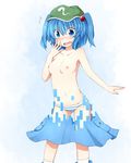  1girl bad_id bad_pixiv_id blue_eyes blue_hair blush breasts digital_dissolve fang fuuen_(akagaminanoka) hair_bobbles hair_ornament hat kawashiro_nitori navel nipples open_mouth panties short_hair small_breasts solo striped striped_panties topless touhou two_side_up underwear underwear_only 