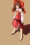  absurdres baisi_shaonian bow brown_hair detached_sleeves hair_bow hair_ribbon hair_tubes hakurei_reimu highres red_eyes ribbon sandals solo touhou waraji 