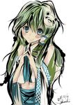  absurdres blue_eyes detached_sleeves green_hair hair_tubes highres kochiya_sanae kurekore navel solo touhou 