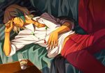  blue_hair cloth earrings glass gouenji_shuuya inazuma_eleven_(series) inazuma_eleven_go jewelry long_hair lying male_focus mizuno_eita multicolored_hair necklace necktie phone solo table two-tone_hair white_hair 