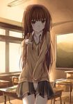  amagami bad_id bad_pixiv_id banned_artist between_legs blush brown_eyes brown_hair chair chalkboard classroom desk hair_twirling hand_between_legs indoors kamizaki_risa kibito_high_school_uniform long_hair looking_at_viewer mirai_(macharge) pleated_skirt ribbon school_uniform skirt smile solo window 