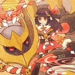  2012 bell black_eyes black_hair boots coat gen_4_pokemon giratina hair_ornament hairclip hikari_(pokemon) kouhaku_nawa new_year pokemon pokemon_(creature) pokemon_(game) pokemon_dppt pokemon_platinum seigaiha skirt strawberrybit thighhighs winter_clothes 