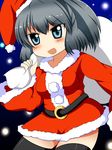  alternate_costume bad_id bad_pixiv_id black_legwear blush grey_eyes grey_hair hat highres mononobe_no_futo motsu_(selshia12) santa_costume santa_hat solo thighhighs touhou 