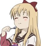  :t bad_id bad_pixiv_id blonde_hair bow closed_eyes collarbone eating food foodgasm g2zk hair_bow holding holding_spoon ice_cream long_hair long_sleeves nanamori_school_uniform school_uniform serafuku simple_background smile solo spoon toshinou_kyouko upper_body white_background yuru_yuri 