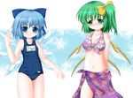  arms_behind_back bikini blue_eyes blue_hair blush bow breasts cirno covered_nipples daiyousei fairy_wings floral_print flower_(symbol) front-tie_bikini front-tie_top green_eyes green_hair hair_bow hair_ribbon ice ice_wings medium_breasts multiple_girls multiple_wings name_tag one-piece_swimsuit pointing pointing_up print_sarong purple_bikini purple_sarong ribbon riku_(rikkuru) sarong school_swimsuit short_hair side_ponytail small_breasts smirk swimsuit touhou wavy_mouth wings 