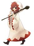  ahoge bad_id bad_pixiv_id boots bread eating etarosa final_fantasy final_fantasy_iii food full_body highres hood open_mouth red_hair shadow short_hair simple_background solo staff walking white_background white_mage 