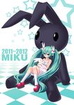  2011 2012 absurdres bad_id bad_pixiv_id bunny checkered checkered_floor dress green_eyes green_hair hatsune_miku highres long_hair mary_janes mizutsuki_rei shoes sitting socks solo star twintails very_long_hair vocaloid 