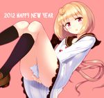 2012 :o bad_id bad_pixiv_id black_legwear blonde_hair blush bow cepoli_elretoi covering covering_crotch dress dress_tug happy_new_year kneehighs komone_ushio loafers long_hair long_legs looking_at_viewer new_year open_mouth original purple_eyes red_eyes sailor_dress shoes short_hair simple_background skirt solo white_skirt 