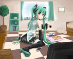  :3 arm_support bad_id bad_pixiv_id bed boots checkered chips curtains detached_sleeves food glass green_eyes green_hair hachune_miku handheld_game_console hatsune_miku highres long_hair looking_back mouth_hold nijou_katame pepsi plant playstation_portable potato_chips sitting skirt solo thigh_boots thighhighs twintails very_long_hair vocaloid wariza window 