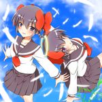  ayukawa_tenri blue_eyes blue_sky bow day diana_(kaminomi) dual_persona feathers goddess hair_bow hair_rings halo kami_nomi_zo_shiru_sekai multiple_girls purple_eyes school_uniform serafuku short_hair skirt sky yuto_(dialique) 