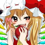  apple blonde_hair fang flandre_scarlet food fruit hat heart holding holding_food holding_fruit naughty_face negiko red_eyes side_ponytail solo touhou wings 